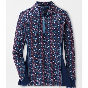 PETER MILLAR UPF 50+ Golf Equestrian Print Blue Quarter Zip Up Longsleeve Shirt
